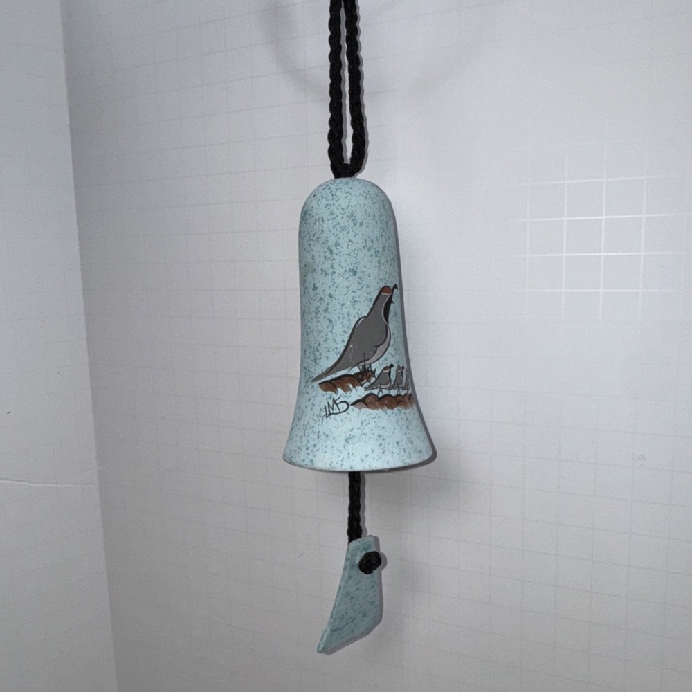 Vtg Blue Southwest Birds Design Clay Pottery Wind Bell Hand painted Signed LMS